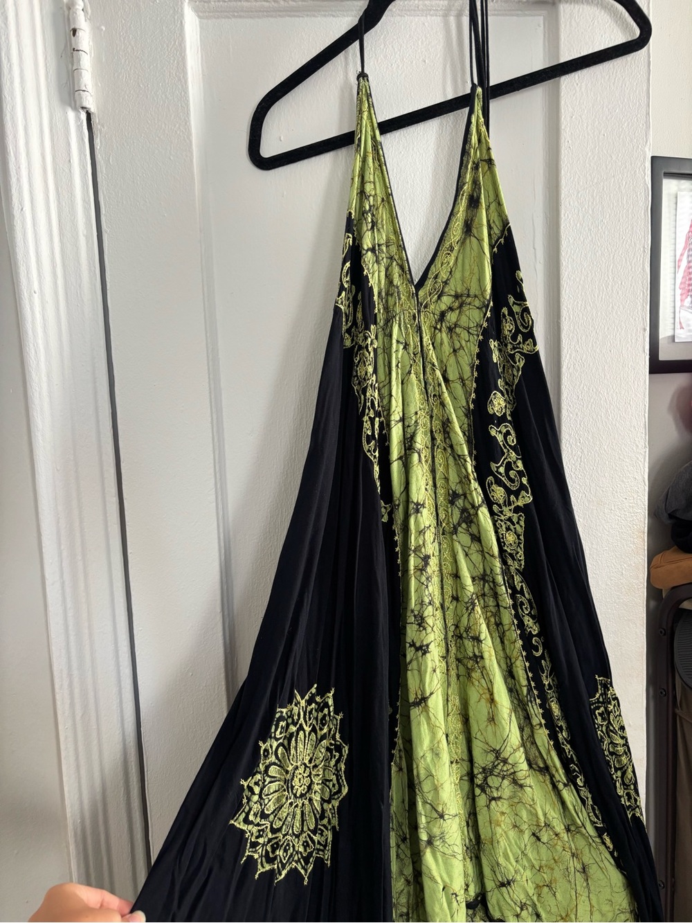 Sakkas Black & Lime Green V-Neck Maxi Dress with Patterned Panels
